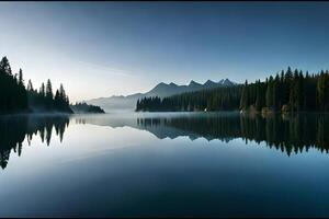 A cloudiness secured mountain lake with evergreen trees reflected on its sparkly surface. photo