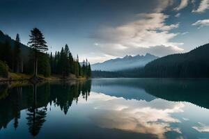 A cloudiness secured mountain lake with evergreen trees reflected on its sparkly surface. photo