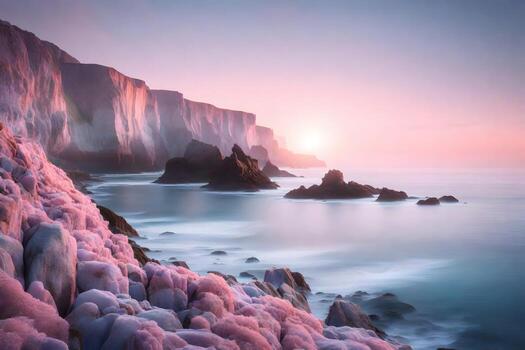 In the morning, the cliffs close to the coast appear to be a light shade of blue and a light shade of pink.. Creative resource, photo