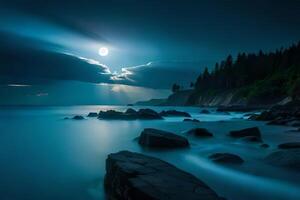 The tranquil and charmed scene of moonlight reflecting on delicate ocean waves. Ai Generated photo