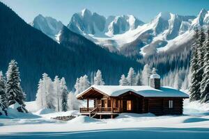 un acogedor montaña cabina establecido dentro el medio de nieve asegurado picos y cementado lagos creativo recurso, ai generado foto