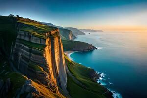 A breathtaking airborne see of astounding coastal cliffs get together the basic blue ocean. photo