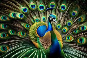 A brilliant peacock portrayed in energetic plumage. Creative resource, photo