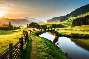 A passive countryside view with a meandering river , grazing sheep , and a agrestic wooden bridge. Creative resource, photo