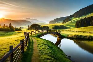 A passive countryside view with a meandering river , grazing sheep , and a agrestic wooden bridge. Creative resource, AI Generated photo