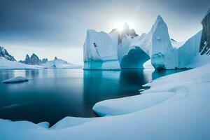 A colossal floating ice sheet forming a characteristic bend over the bone chilling waters. Ai Generated photo
