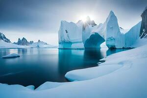 A colossal floating ice sheet forming a characteristic bend over the bone chilling waters. photo