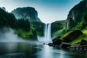 A imperial waterfall surrounded by alcoholic greenery and obscure , showcasing the baron and beauty of nature. Creative resource, AI Generated photo