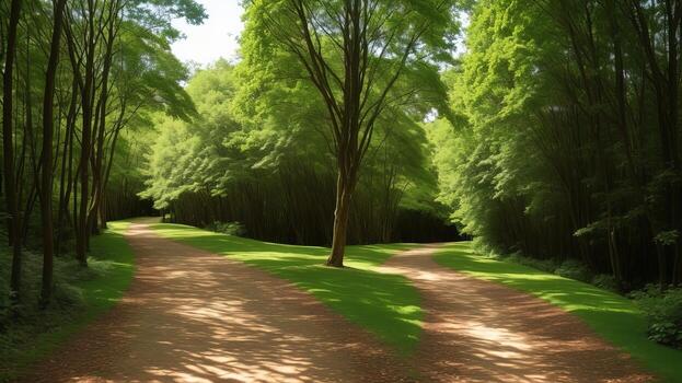 winding woodland pathway, dappled with daylight and encompassed by lavish greenery. photo