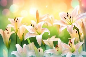 Pretty flowers called lilies, to celebrate March 8th, seen in a very nice and blurry background.. Creative resource, AI Generated photo