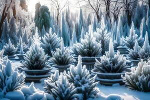 un botánico hacer cambió por invierno, con conjunto manantiales y plantas iluminado con hielo. creativo recurso, ai generado foto