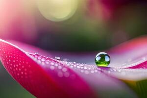 un de cerca fotografía de un fina gota de rocío descansando en un vibrante floración pétalo. creativo recurso, ai generado foto