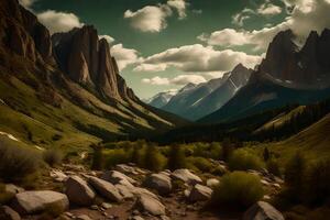 The picture displays a view of a mountain with different shades of brown and green.. Creative resource, photo