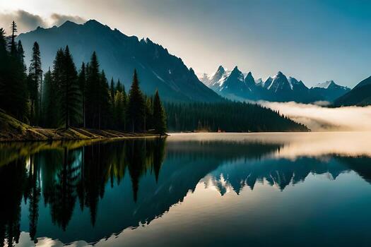 A cloudiness secured mountain lake with evergreen trees reflected on its sparkly surface. photo