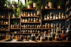 a cozy drug specialist shop brimming with dried herbs, botanical extricates, and all enveloping cures. Creative resource, AI Generated photo