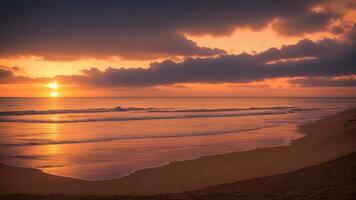 wonderful shoreline scene with sensitive sand, delicate waves, and a colorful nightfall depict the sky. AI Generated photo