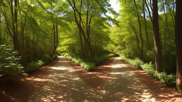 winding timberland pathway, dappled with daylight and included by extravagant greenery. photo