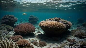submerged world with colorful coral reefs, unusual marine life, and an ancient crippled transport. AI Generated photo