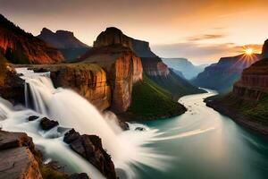 un asombroso cañón con un exitoso cascada derramar mediante sus duro divisores ai generado foto