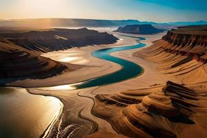 An forward pass view of a odorize river Hydra through a huge vacate landscape. Creative resource, photo