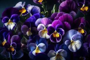 Bright and colorful flowers called pansies were shown in a pretty studio with romantic lighting as a way to celebrate March 8.. Creative resource, AI Generated photo