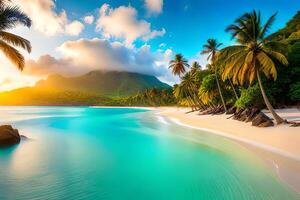 A tropical paradise with palm trees, white sandy shoreline, and turquoise waters. photo