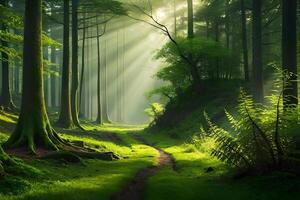 An enchanting afforest illuminated by burn of sunlight filtering through the dense canopy of corner. Creative resource, photo
