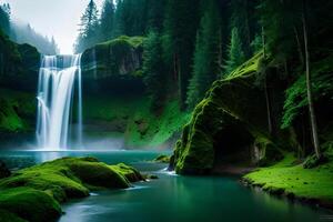 un imperial cascada rodeado por alcohólico verdor y mal , exhibiendo el barón y colisión de naturaleza. creativo recurso, ai generado foto