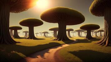 otherworldly forest filled with shining mushrooms, floating islands, and incredible creatures. photo