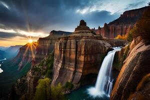 A astonishing canyon with a fruitful waterfall spilling through its unforgiving dividers. photo