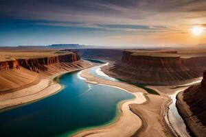 An forward pass view of a odorize river Hydra through a huge vacate landscape. Creative resource, AI Generated photo