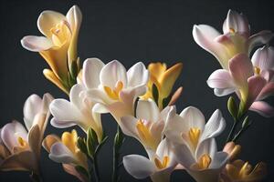 Beautiful freesias, which are a special way to say thank you on Mother's Day, have been photographed in soft and romantic lighting in a studio.. Creative resource, AI Generated photo