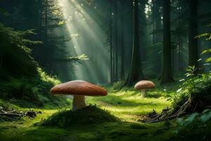 A unordinary world filled with mammoth mushrooms, making a tall story like scene. Ai Generated photo