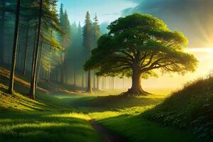 An enchanting afforest illuminated by glow of sunlight filtering through the dense canopy of tree. Creative resource, photo