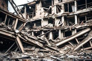 A building fell down because of an earthquake. This picture shows what happens after natural disasters and the difficulties in fixing things afterwards.. Creative resource, photo