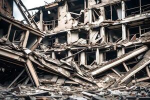 un edificio cayó abajo porque de un terremoto. esta imagen muestra qué sucede después natural desastres y el dificultades en fijación cosas después.. creativo recurso, ai generado foto