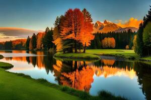 A quiet lake included by trees, reflecting the colors of the setting sun. photo