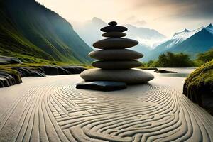 A equable Zen garden with carefully placed Rock , spur determine , and a passive spokesperson urine have. Creative resource, photo