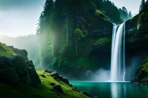 A imperial waterfall surrounded by alcoholic greenery and evil , showcasing the baron and collision of nature. Creative resource, photo