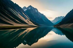 A calm lake reflecting the brilliant mountain crests that cement it. Ai Generated photo