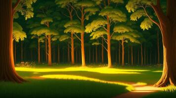 A calm and peaceful clearing in the forest, filled with a gentle and soothing light from fireflies. Illustration, photo