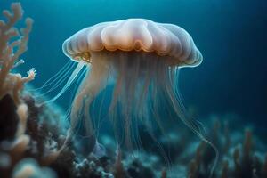 An ethereal jellyfish portrayed in mesmerizing submerged wide scale. Creative resource, AI Generated photo