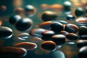 Stones on water colossal scale, abundant in studio light. Unusual reflections weave an charming story. Creative resource, AI Generated photo