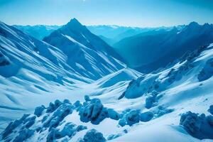 A pretty sight of large mountains, painted in relaxing shades of blue.. Creative resource, photo