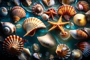 Coastal seashells on water, washed in energetic studio lighting, making a charmed offer. Creative resource, photo