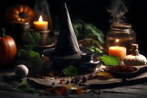 Witch's fixings, charming immense scale highlighting charmed subtle components. Creative resource, AI Generated photo