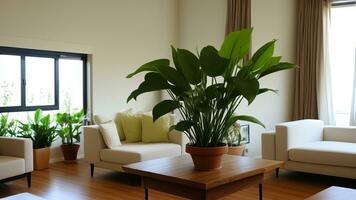 advanced living room with plant, Back obscured bokeh of the room. AI Generated photo