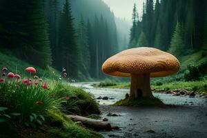 A unordinary world filled with mammoth mushrooms, making a tall story like scene. Ai Generated photo