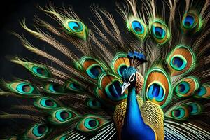 A brilliant peacock depicted in dynamic plumage. Creative resource, photo