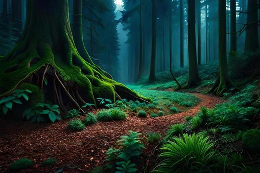 An enchanting afforest illuminated by the slowly luminescence of bioluminescent mushroom. Creative resource, photo